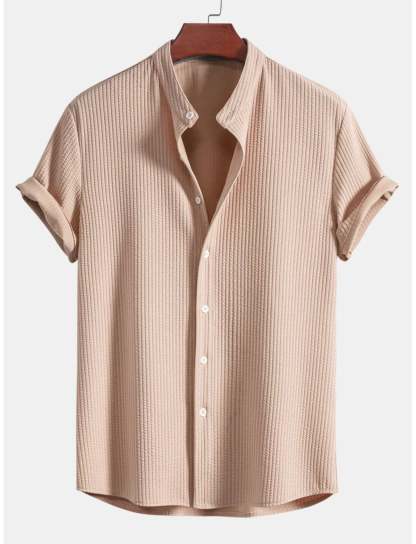 Slim Fit Ribbed Stand Collar Shirt-Vacay Outfit
