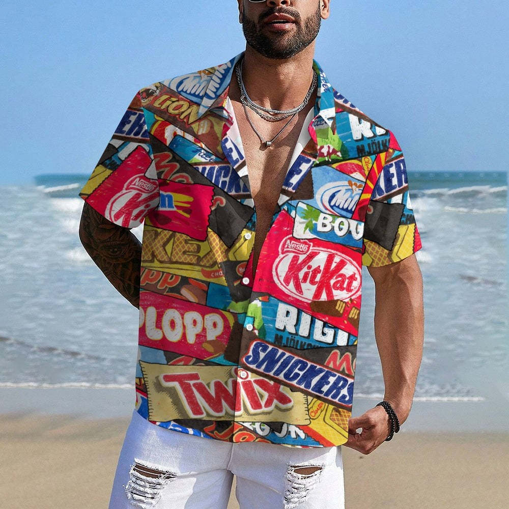 Snack Print Casual Short Sleeve Shirt-Vacay Outfit