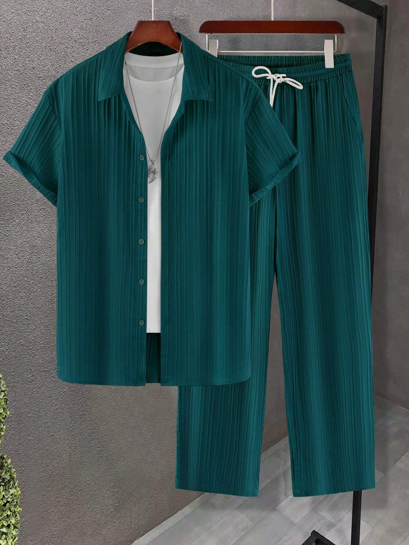 Button Up Shirt And Drawstring Pants-Vacay Outfit