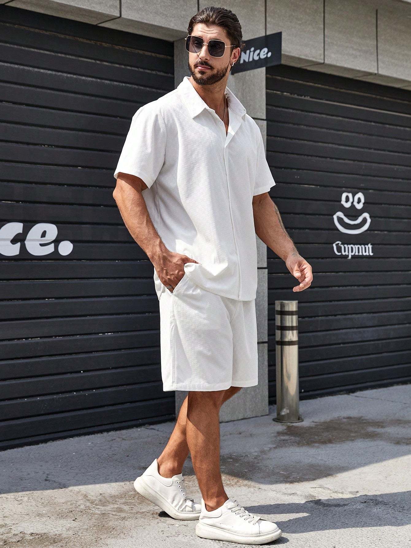 Solid Color Button Up Shirt And Shorts-Vacay Outfit