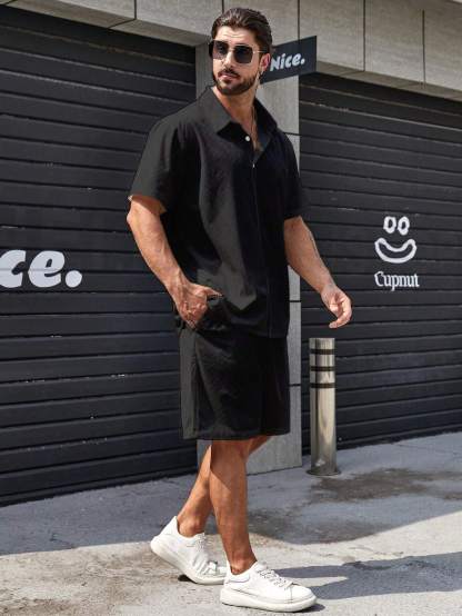 Solid Color Button Up Shirt And Shorts-Vacay Outfit