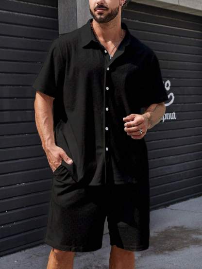 Solid Color Button Up Shirt And Shorts-Vacay Outfit
