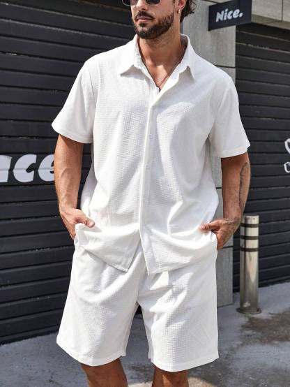 Solid Color Button Up Shirt And Shorts-Vacay Outfit
