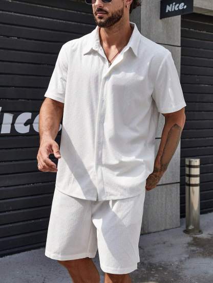 Solid Color Button Up Shirt And Shorts-Vacay Outfit