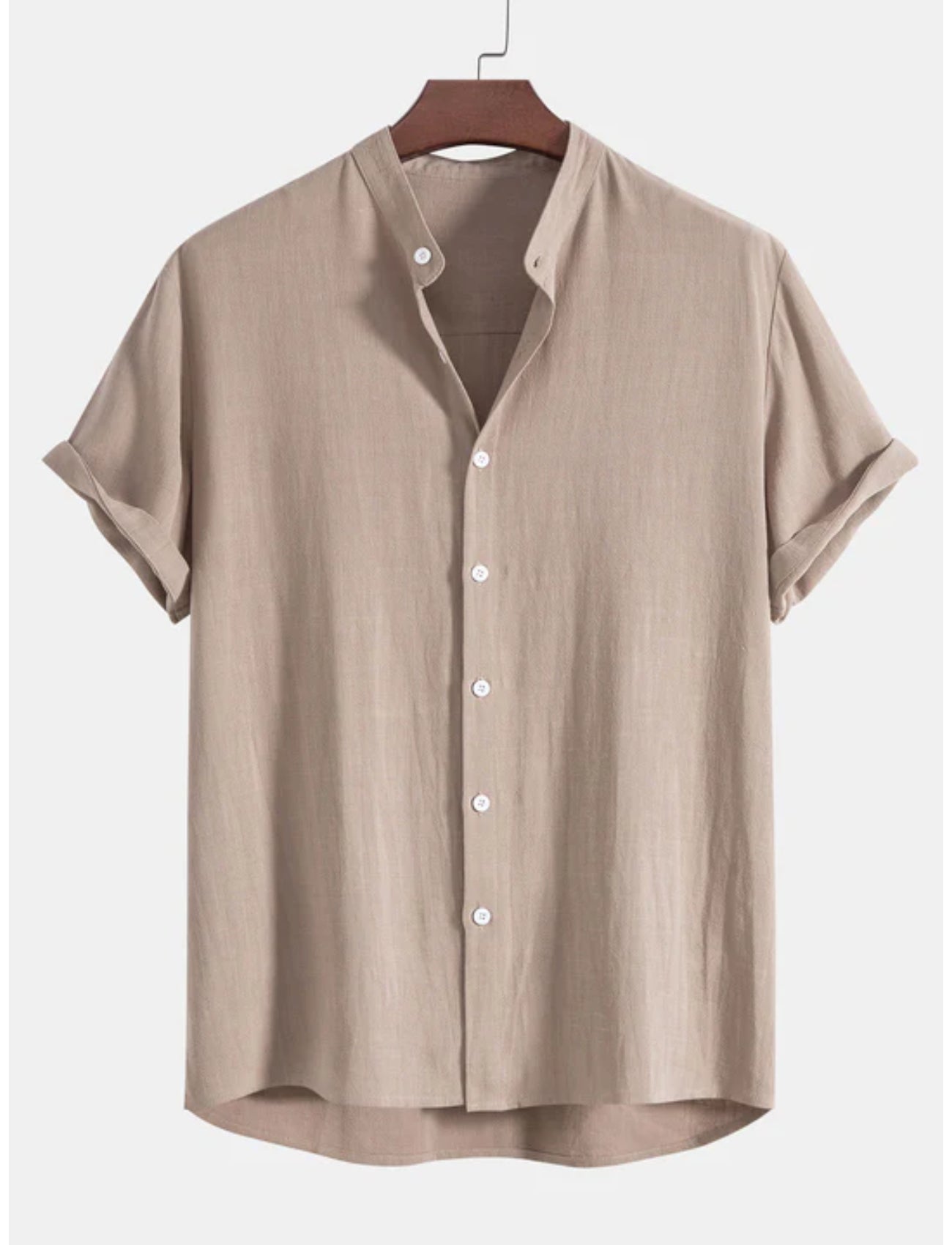 Stand Collar Linen Blend Shirt-Vacay Outfit