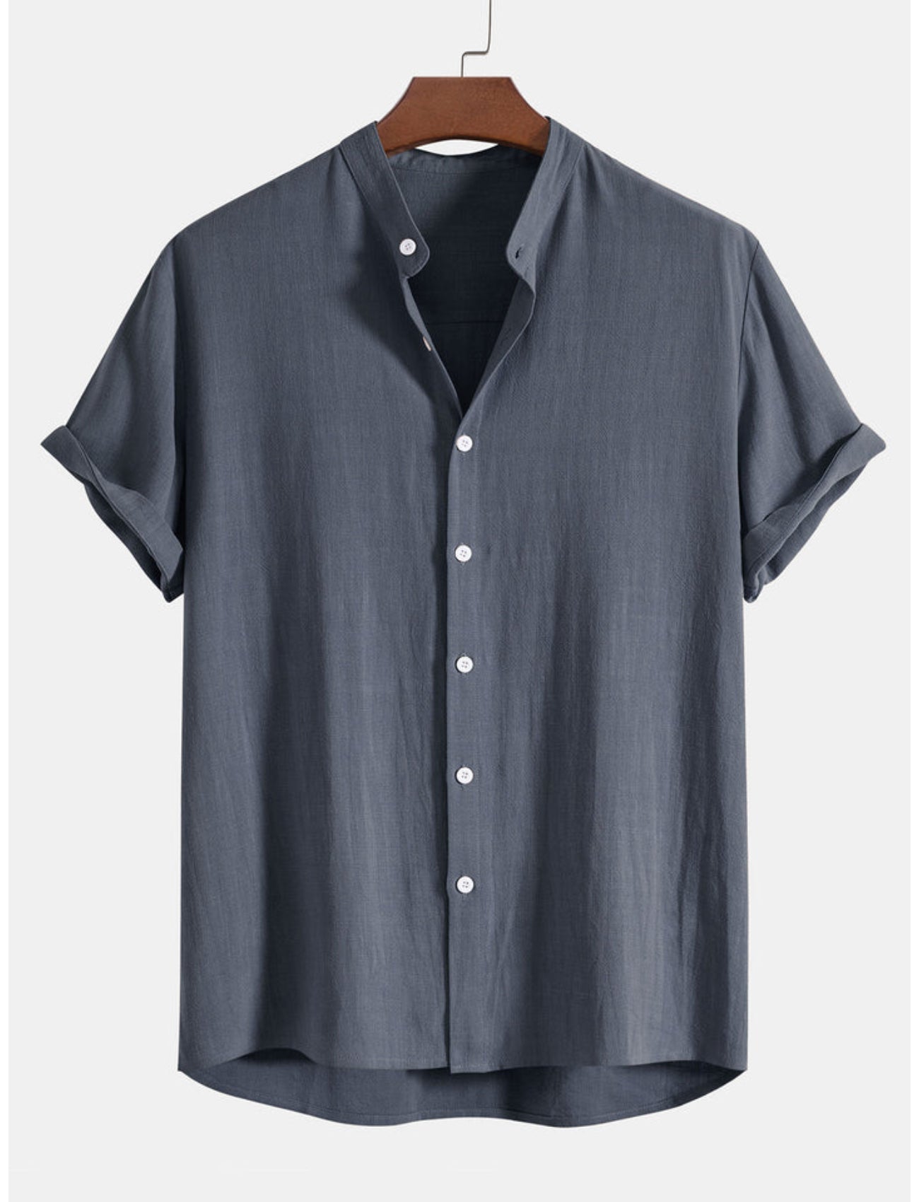 Stand Collar Linen Blend Shirt-Vacay Outfit