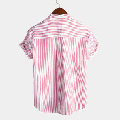 Stand Collar Short Sleeve Striped Classic Shirts-Vacay Outfit