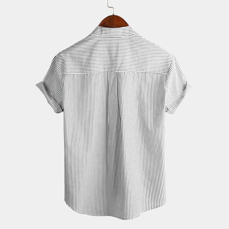 Stand Collar Short Sleeve Striped Classic Shirts-Vacay Outfit