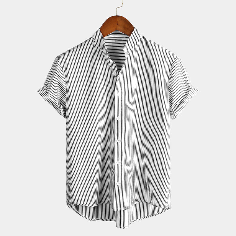 Stand Collar Short Sleeve Striped Classic Shirts-Vacay Outfit