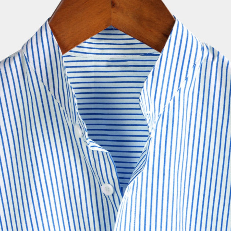 Stand Collar Short Sleeve Striped Classic Shirts-Vacay Outfit