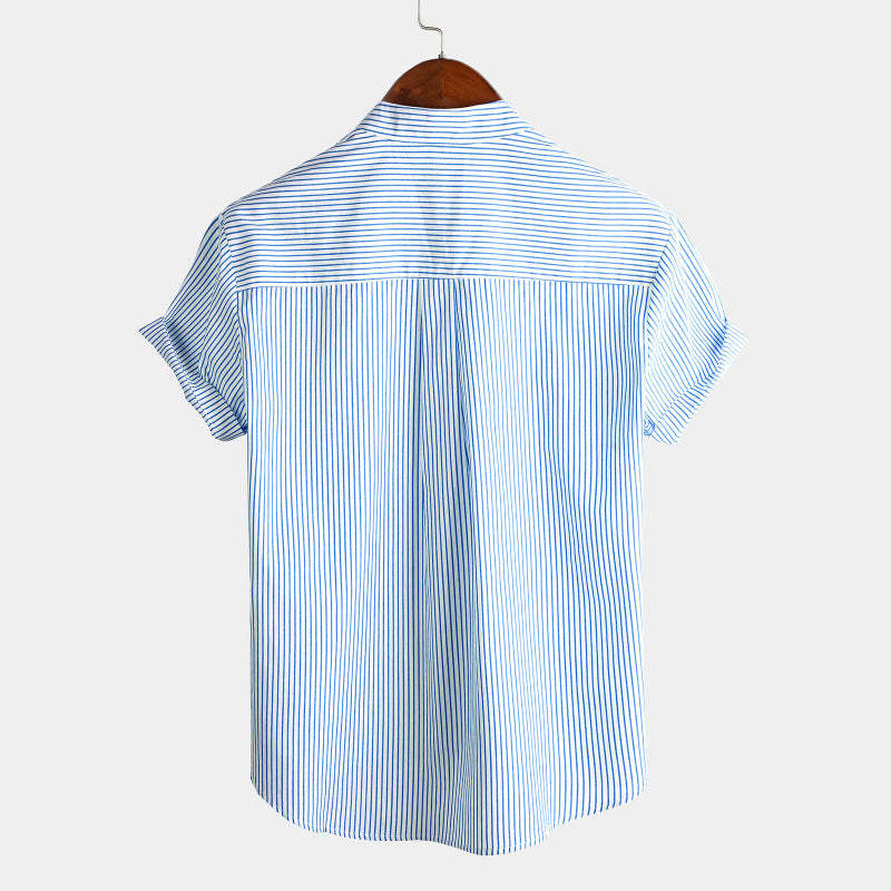 Stand Collar Short Sleeve Striped Classic Shirts-Vacay Outfit