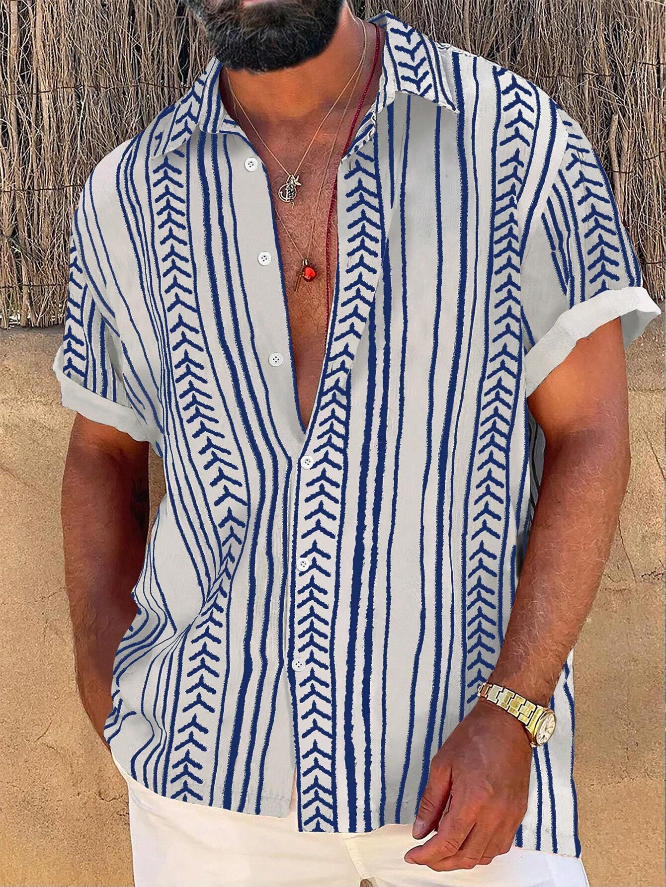 Strip Printed Short Sleeve Shirts-Vacay Outfit