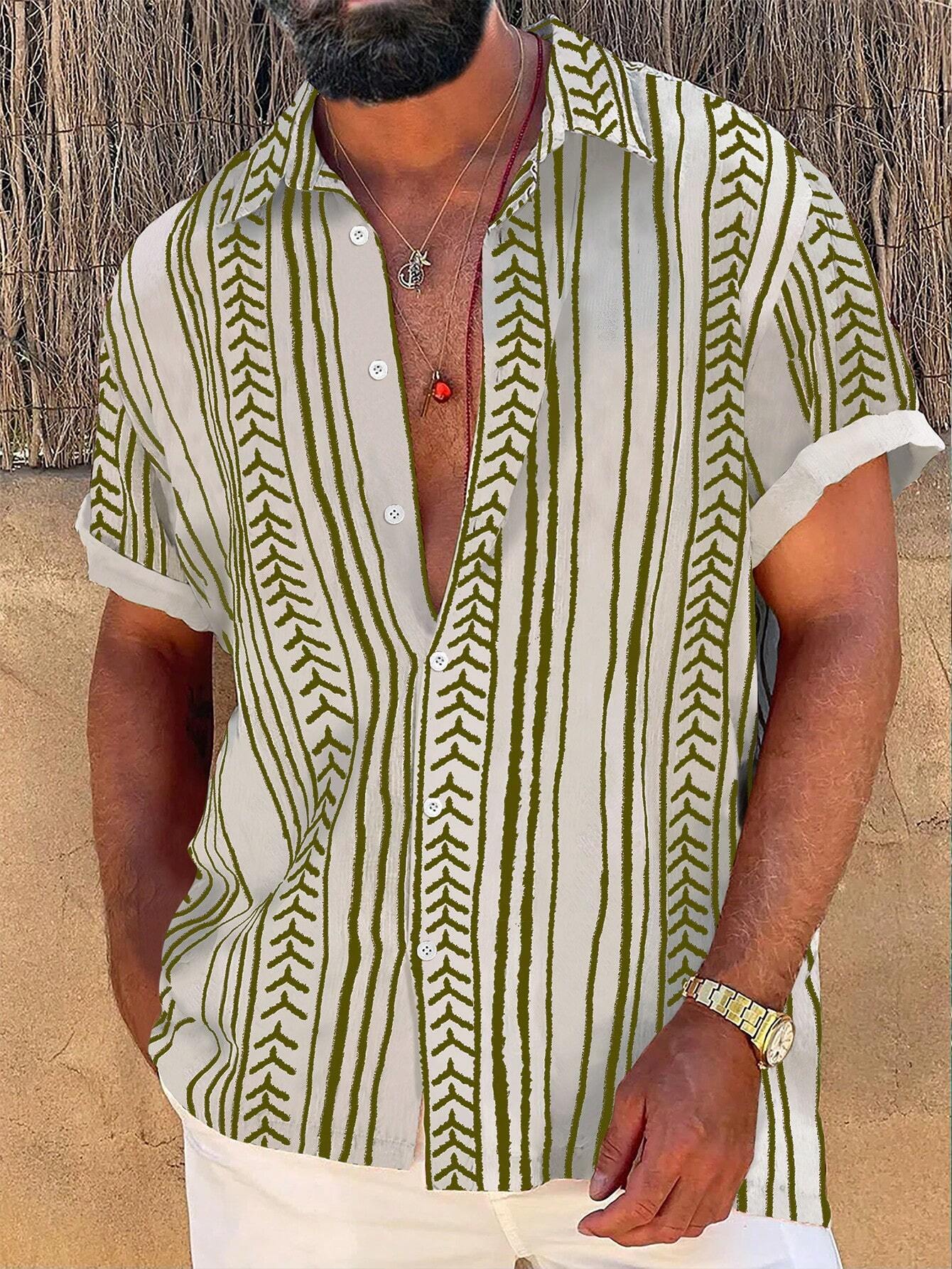 Strip Printed Short Sleeve Shirts-Vacay Outfit