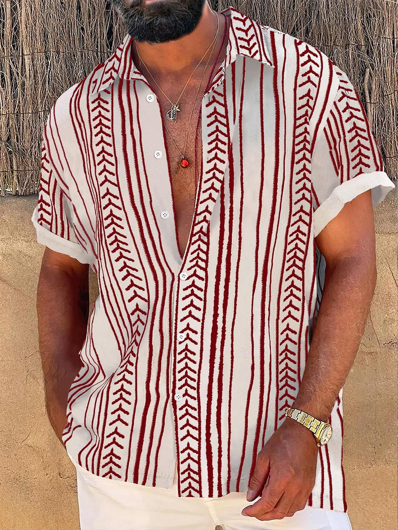 Strip Printed Short Sleeve Shirts-Vacay Outfit