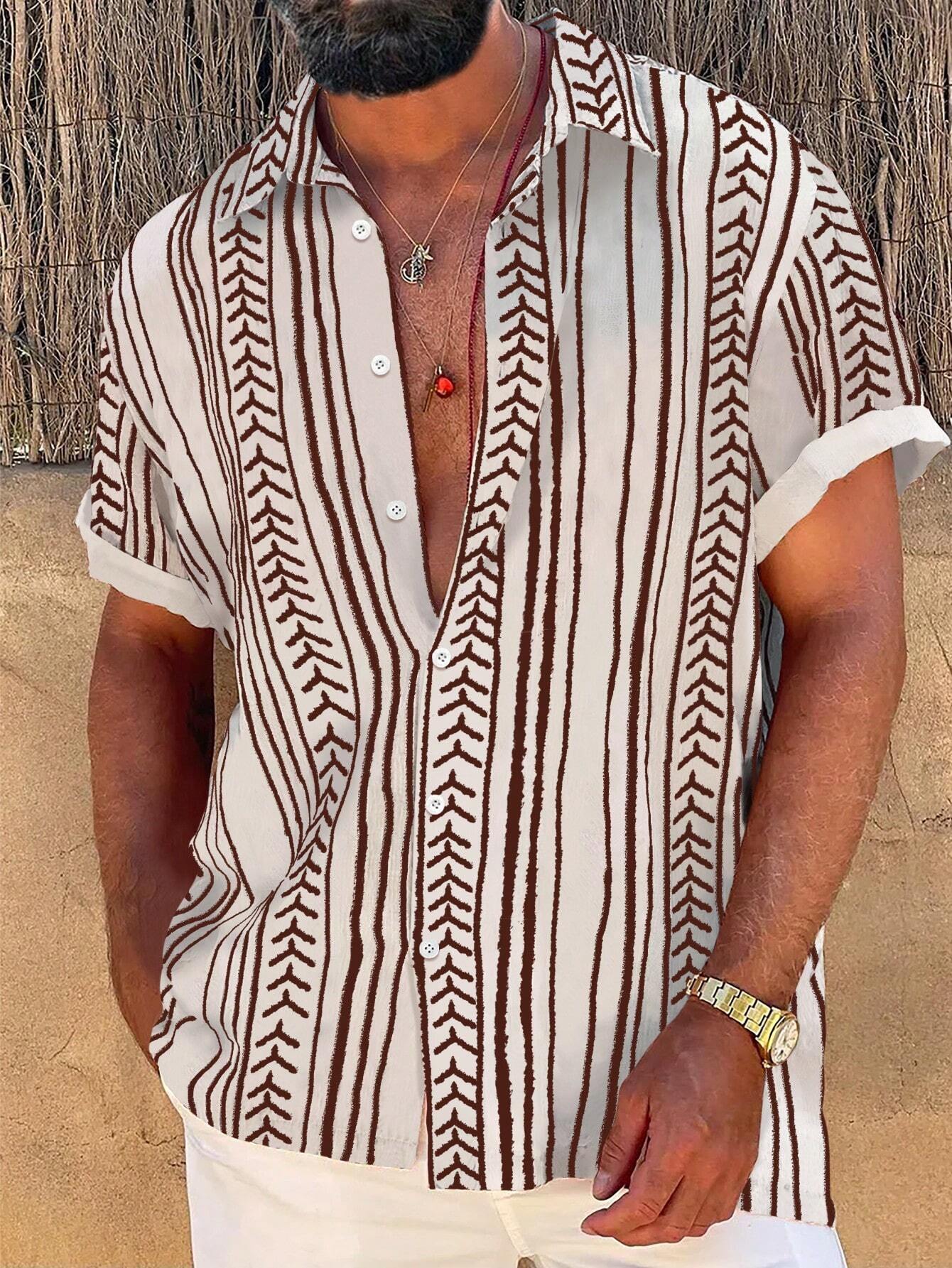 Strip Printed Short Sleeve Shirts-Vacay Outfit
