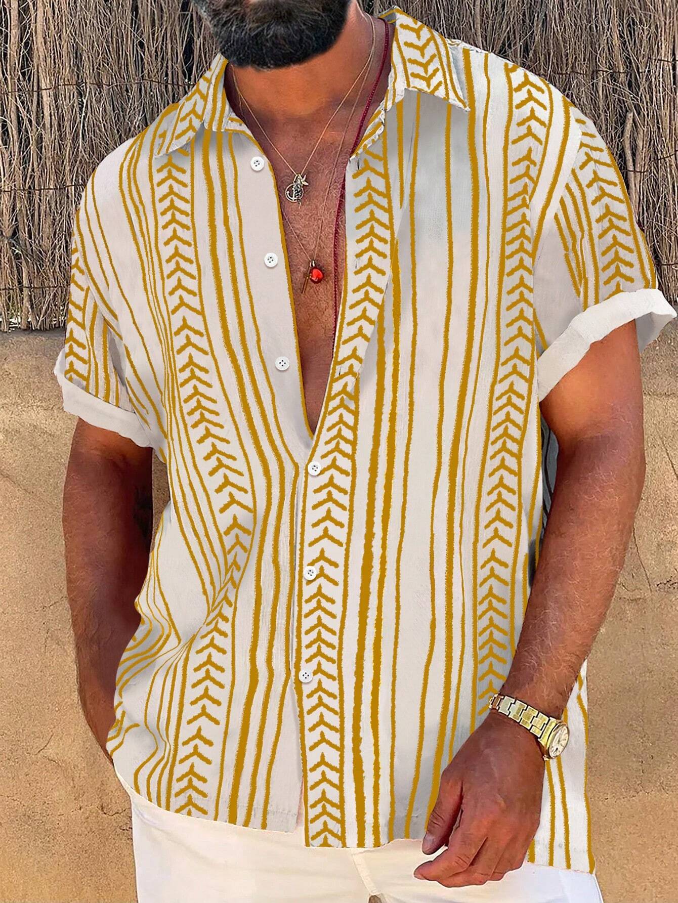 Strip Printed Short Sleeve Shirts-Vacay Outfit