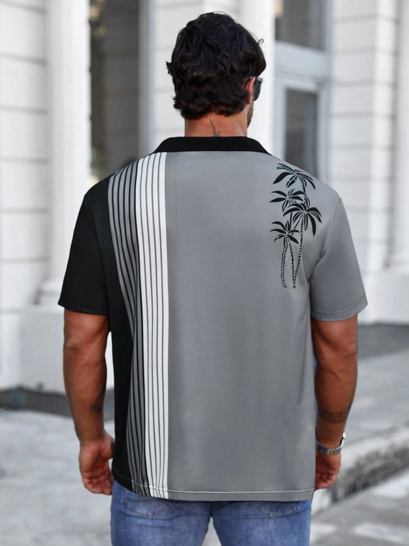 Striped And Palm Tree Print Polo Shirt-Vacay Outfit
