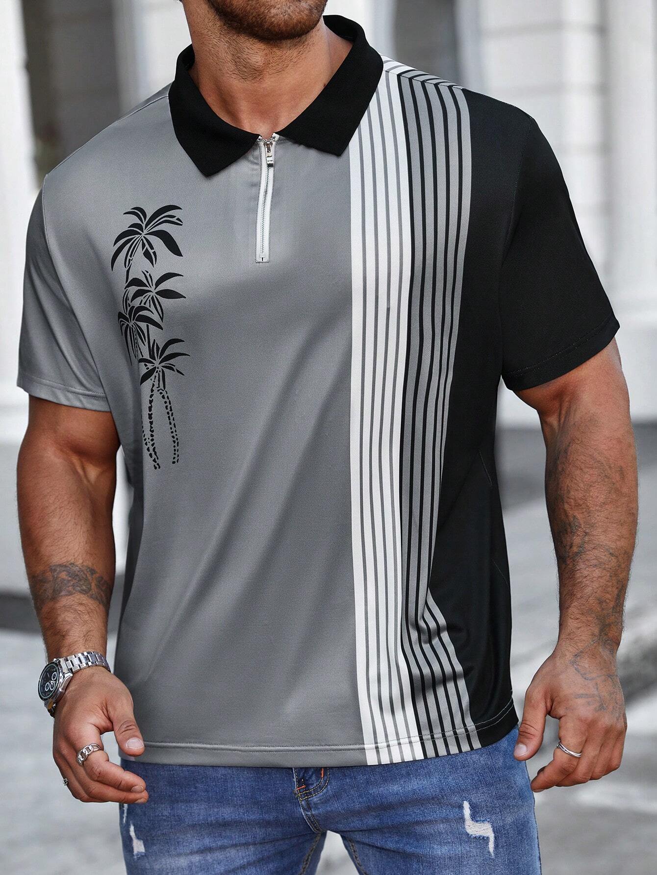 Striped And Palm Tree Print Polo Shirt-Vacay Outfit