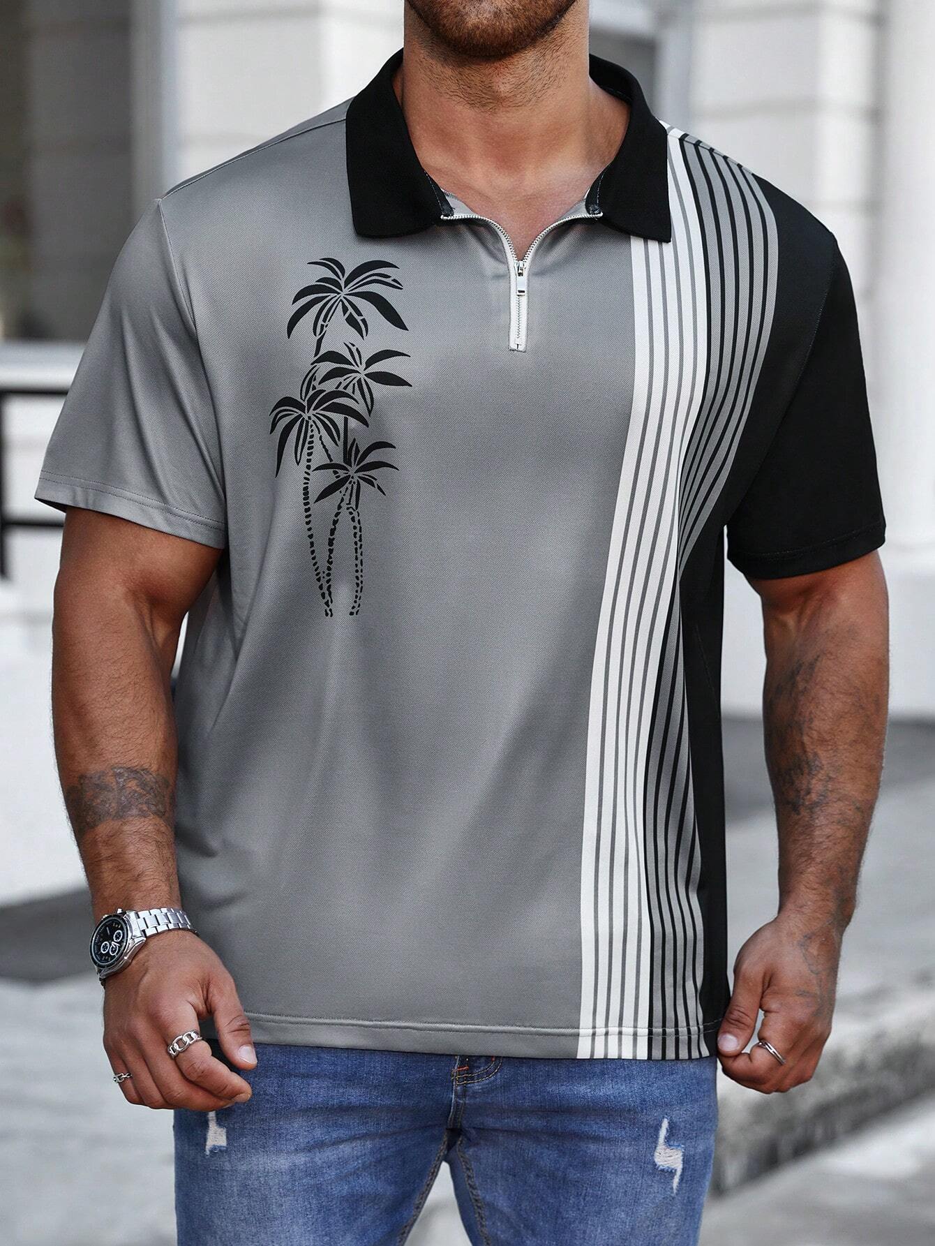 Striped And Palm Tree Print Polo Shirt-Vacay Outfit