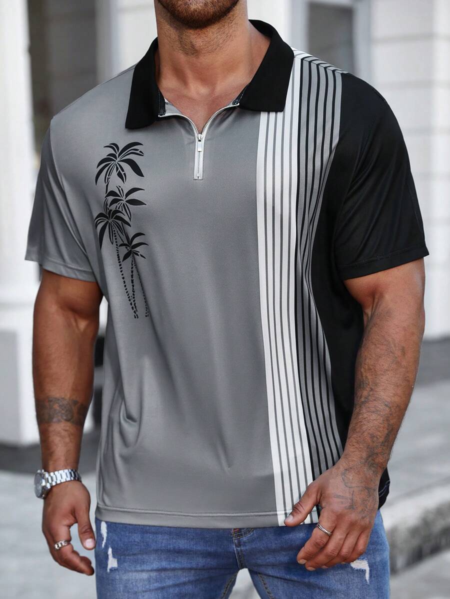 Striped And Palm Tree printed Polo Shirt-Vacay Outfit