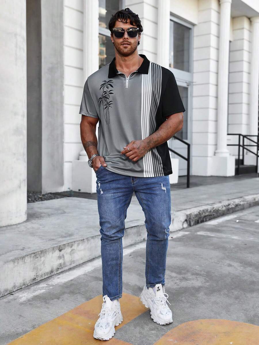 Striped And Palm Tree printed Polo Shirt-Vacay Outfit