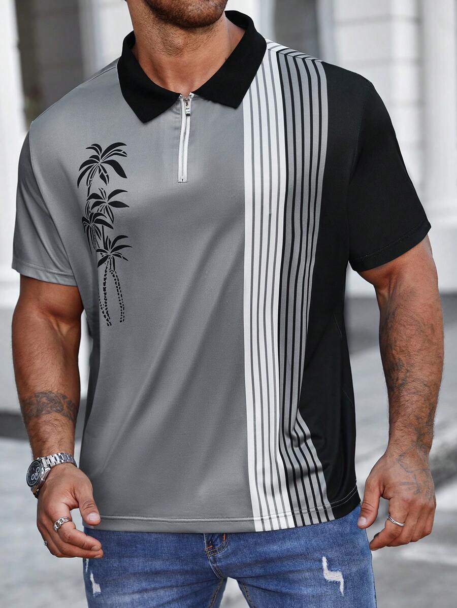 Striped And Palm Tree printed Polo Shirt-Vacay Outfit