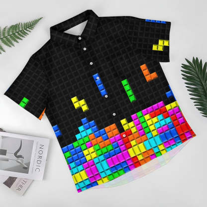 Tetris Print Casual Short Sleeve Shirt-Vacay Outfit