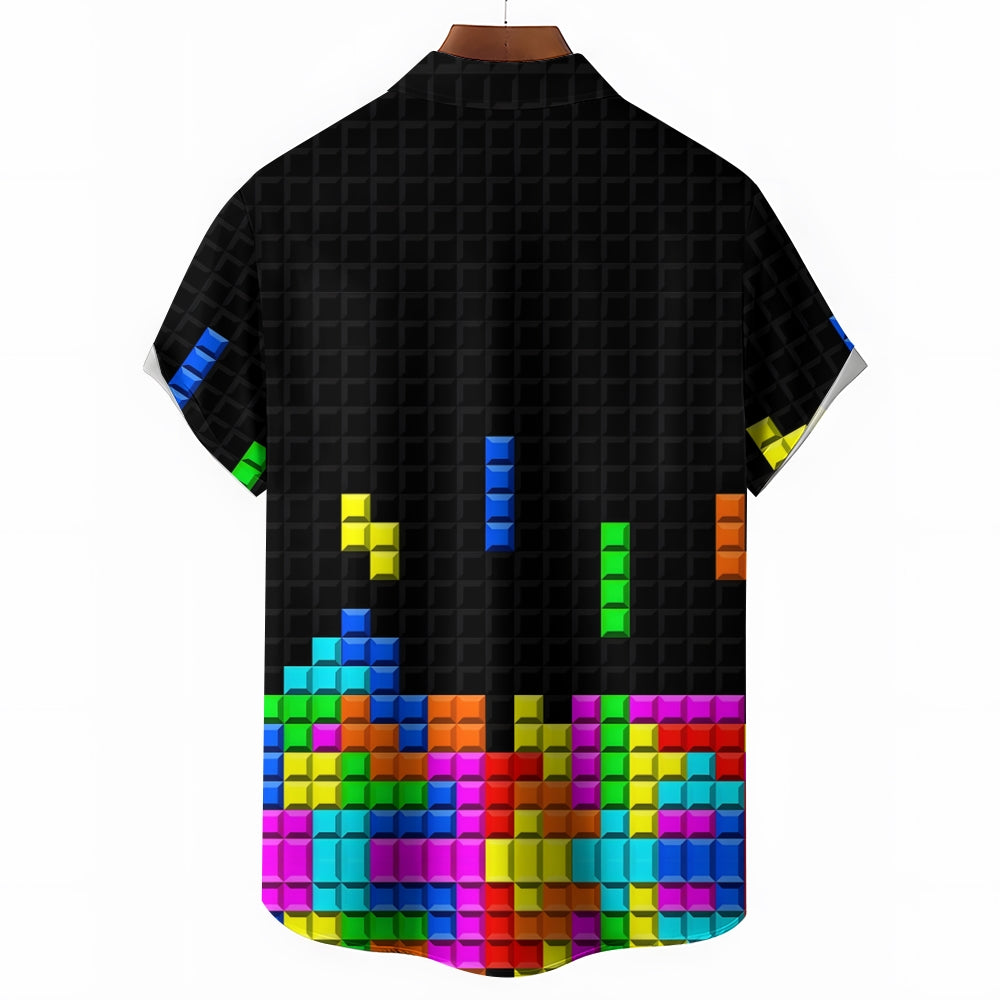 Tetris Print Casual Short Sleeve Shirt-Vacay Outfit