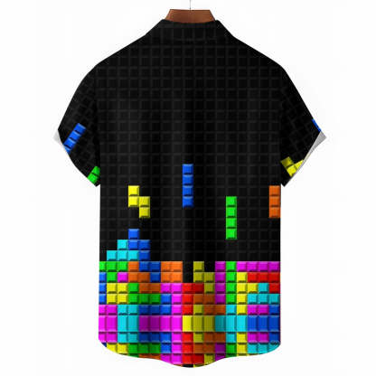 Tetris Print Casual Short Sleeve Shirt-Vacay Outfit
