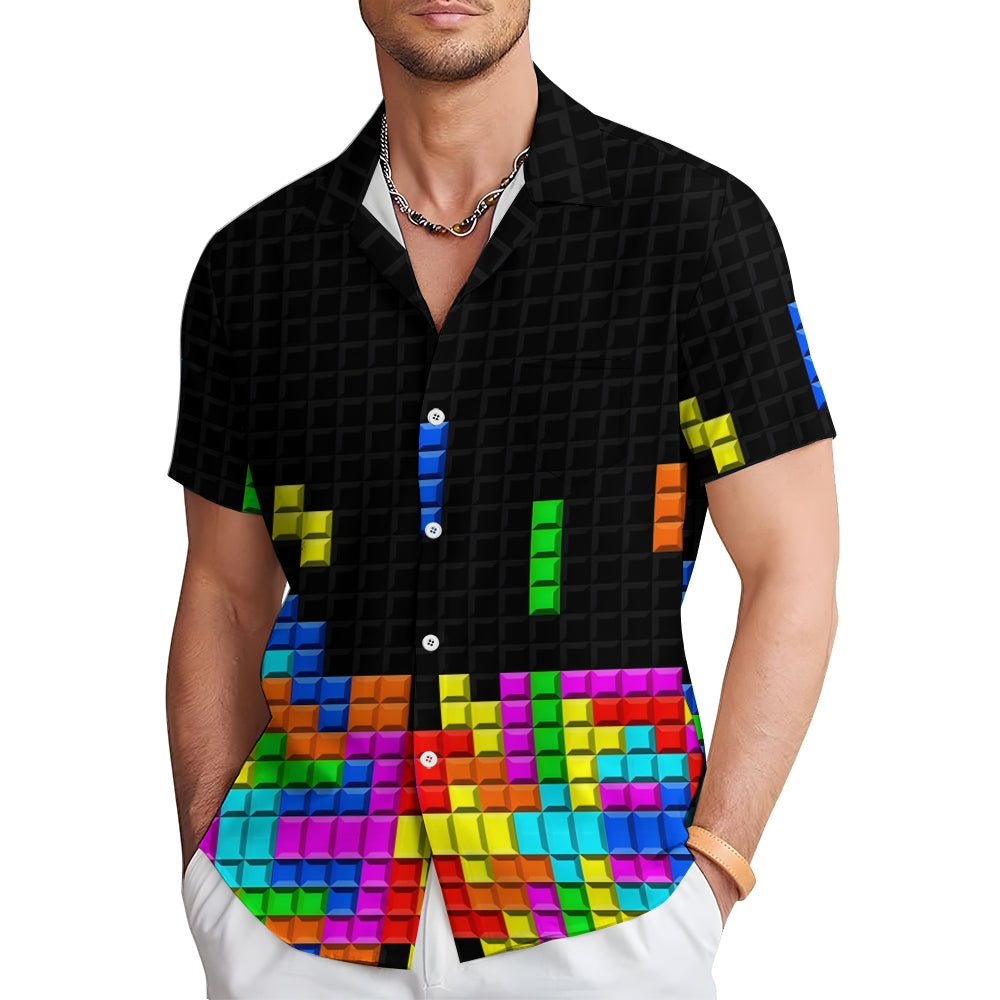 Tetris Print Casual Short Sleeve Shirt-Vacay Outfit