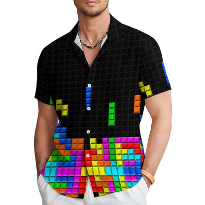 Tetris Print Casual Short Sleeve Shirt-Vacay Outfit