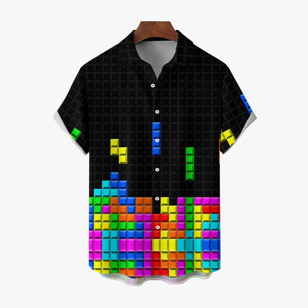 Tetris Print Casual Short Sleeve Shirt-Vacay Outfit