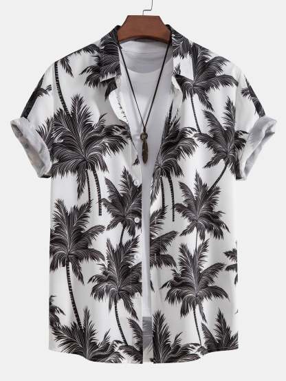 Tropical Motif Button Down Shirt And Swimming Trunks Set-Vacay Outfit