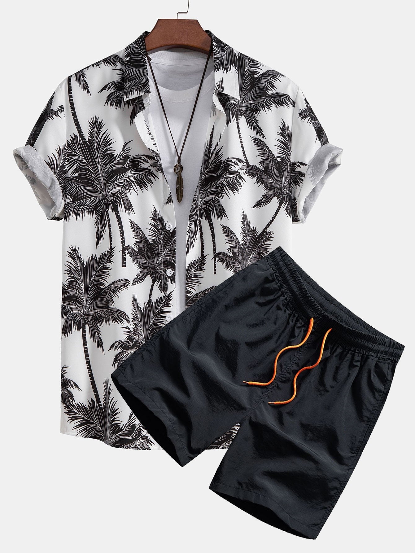 Tropical Motif Button Down Shirt And Swimming Trunks Set-Vacay Outfit