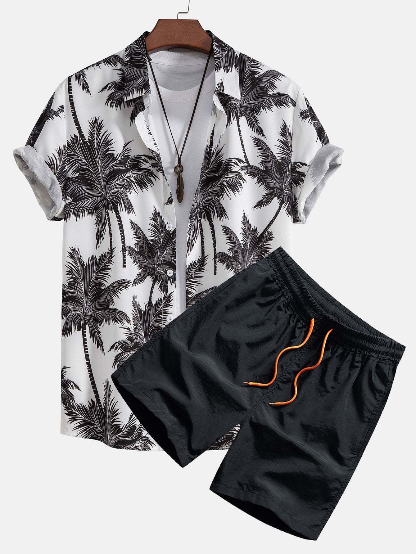 Tropical Motif Button Down Shirt And Swimming Trunks Set-Vacay Outfit