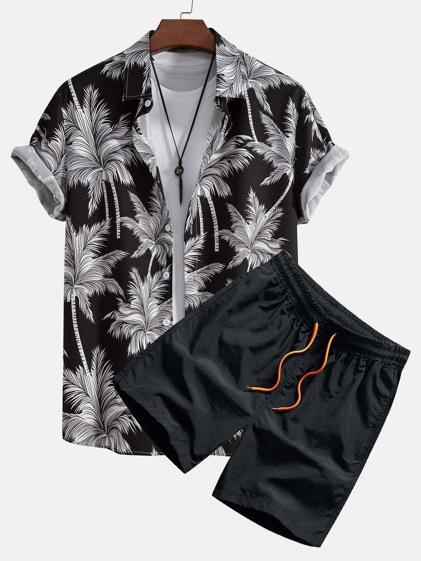 Tropical Motif Button Down Shirt And Swimming Trunks Set-Vacay Outfit