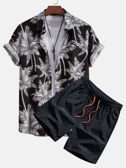 Tropical Motif Button Down Shirt And Swimming Trunks Set-Vacay Outfit