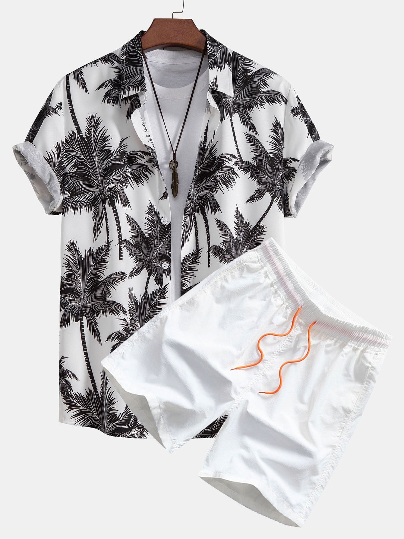 Tropical Motif Button Down Shirt And Swimming Trunks Set-Vacay Outfit