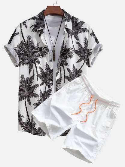 Tropical Motif Button Down Shirt And Swimming Trunks Set-Vacay Outfit
