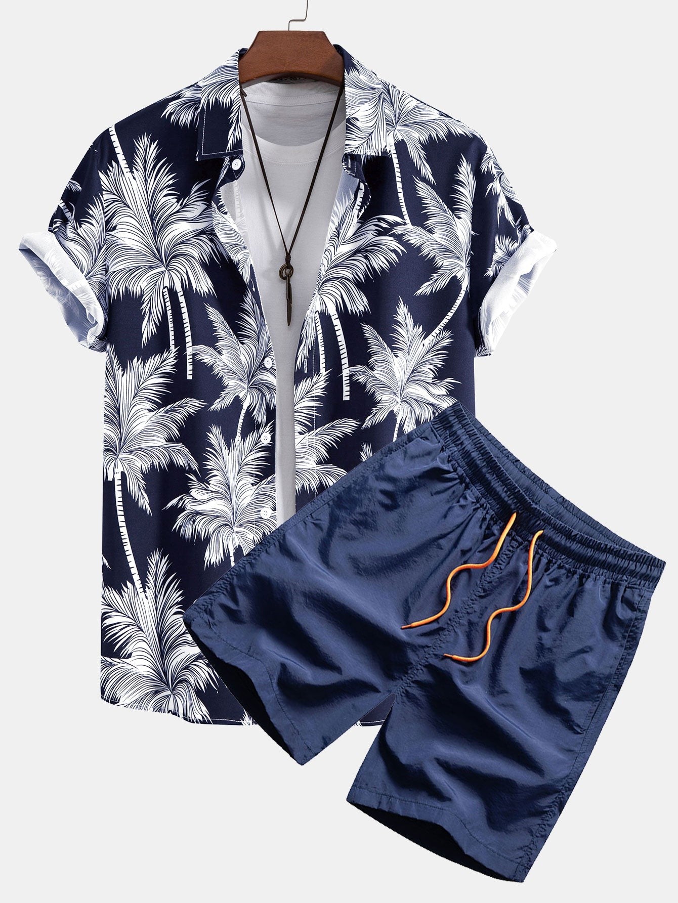 Tropical Motif Button Down Shirt And Swimming Trunks Set-Vacay Outfit