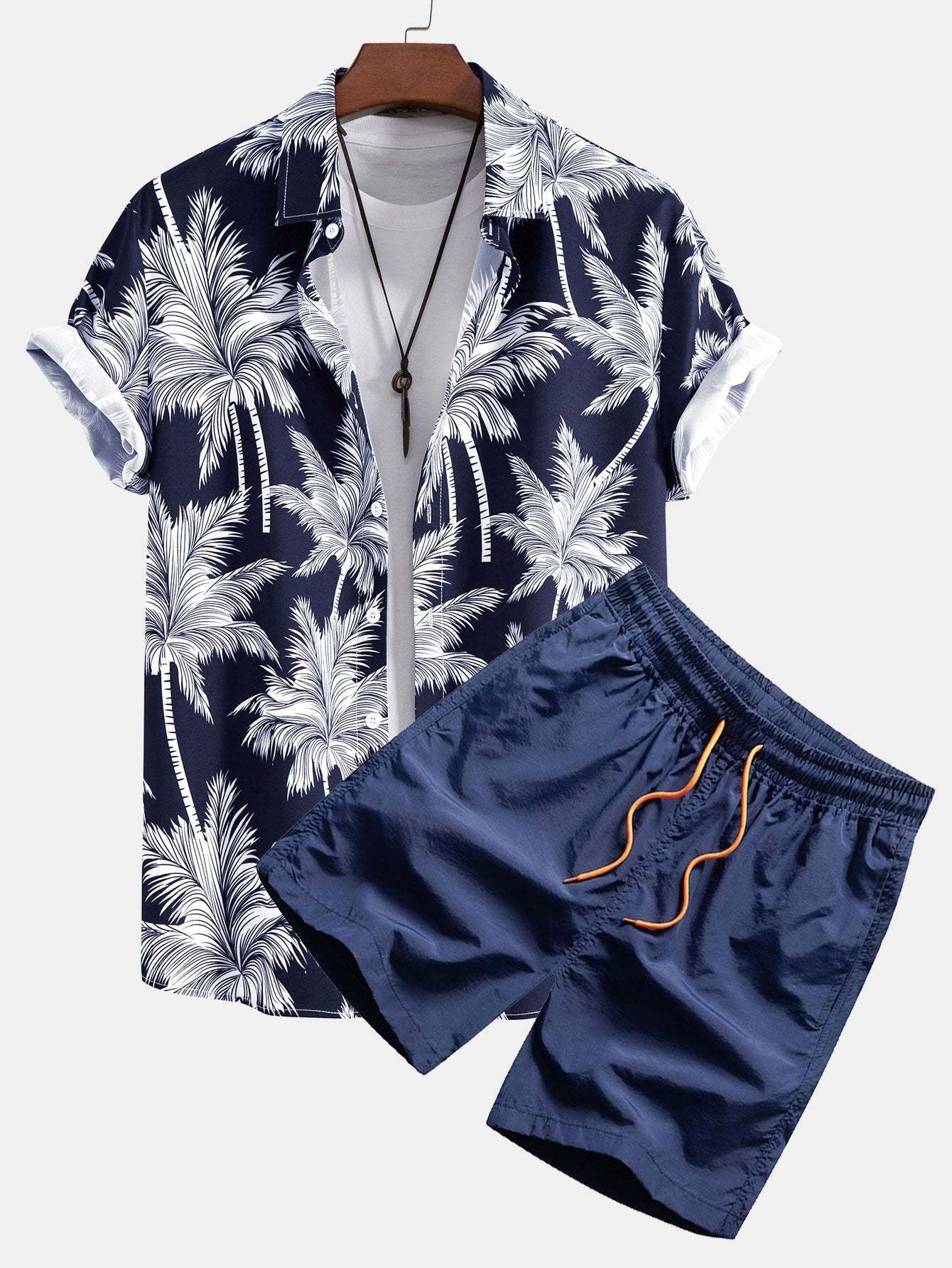 Tropical Motif Button Down Shirt And Swimming Trunks Set-Vacay Outfit