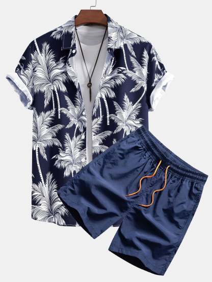 Tropical Motif Button Down Shirt And Swimming Trunks Set-Vacay Outfit