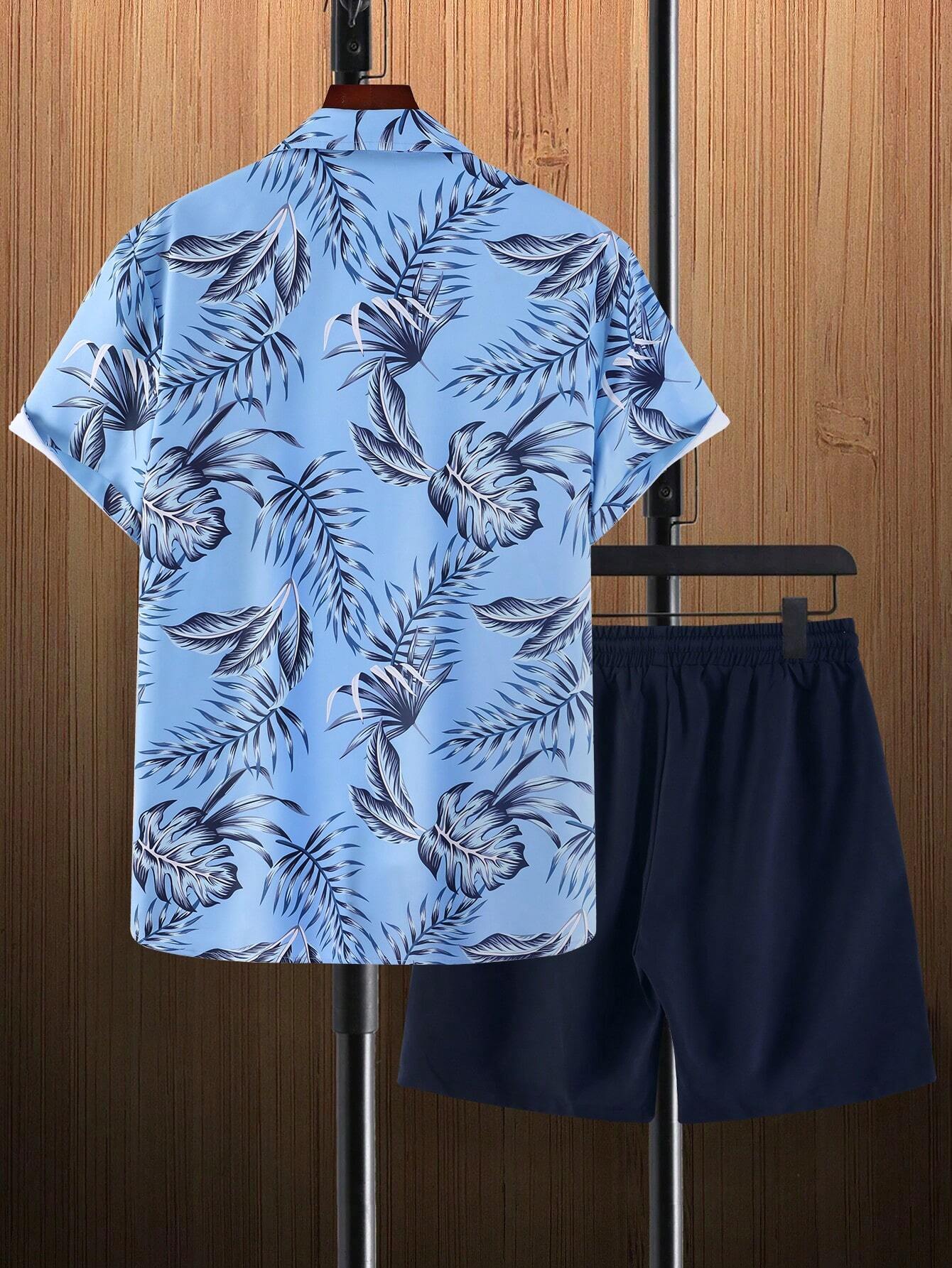 Tropical Print Shirt And Drawstring Shorts Without Tee-Vacay Outfit