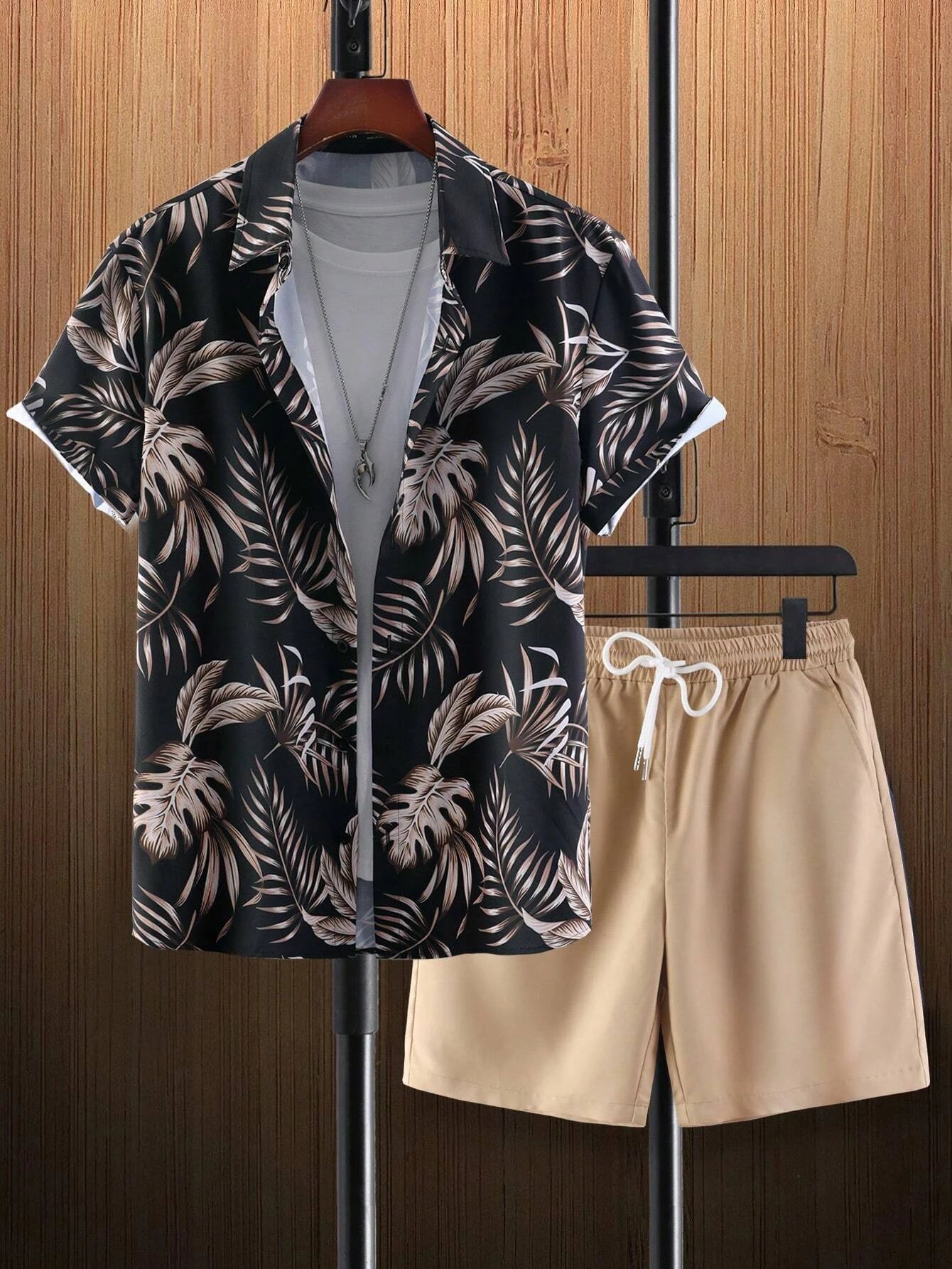 Tropical Print Shirt And Drawstring Shorts Without Tee-Vacay Outfit