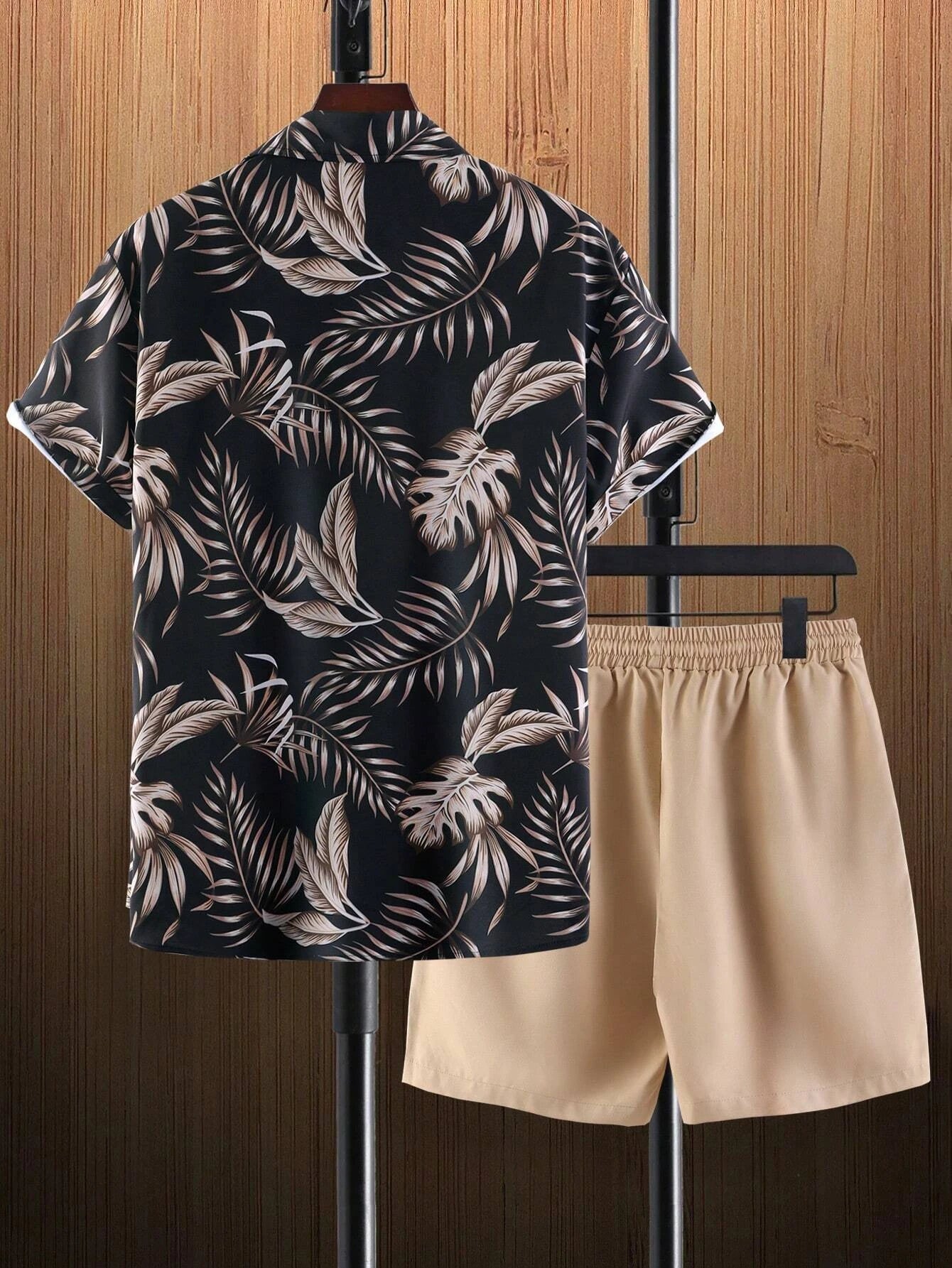 Tropical Print Shirt And Drawstring Shorts Without Tee-Vacay Outfit