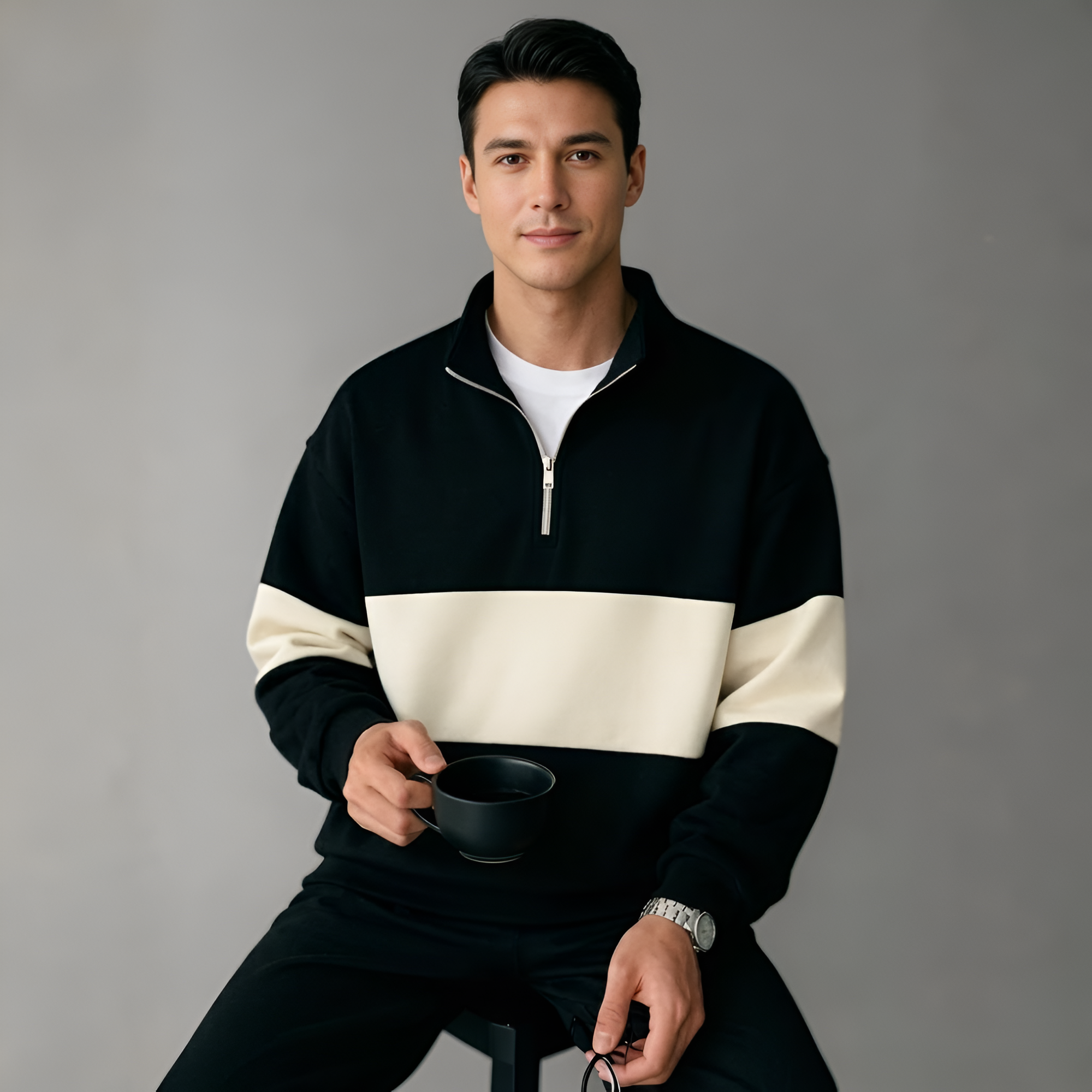 Collegiate Style Half Zip Long Sleeve Sweatshirt For Men