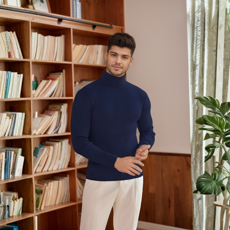 Mens Ribbed Slim Fit Knitted Pullover Casual Turtleneck Sweater