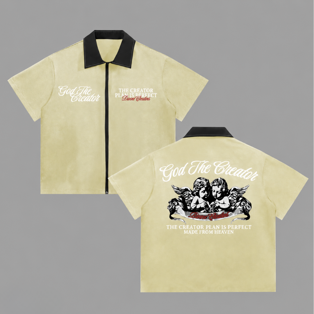 Vintage Cherub Graphic Short Sleeve Zip Up Casual Shirt for Men