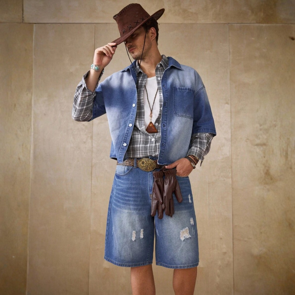 Loose Fit Vintage Washed Denim Jorts For Men