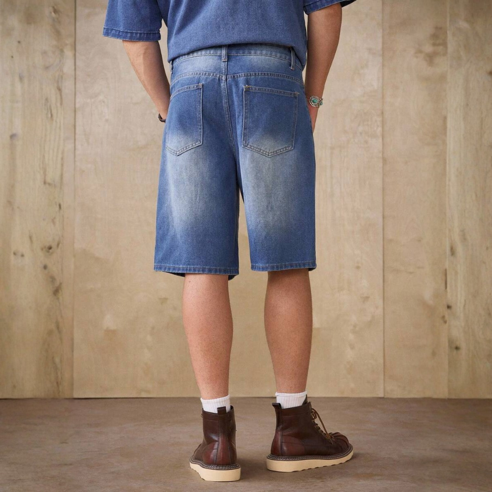 Loose Fit Vintage Washed Denim Jorts For Men